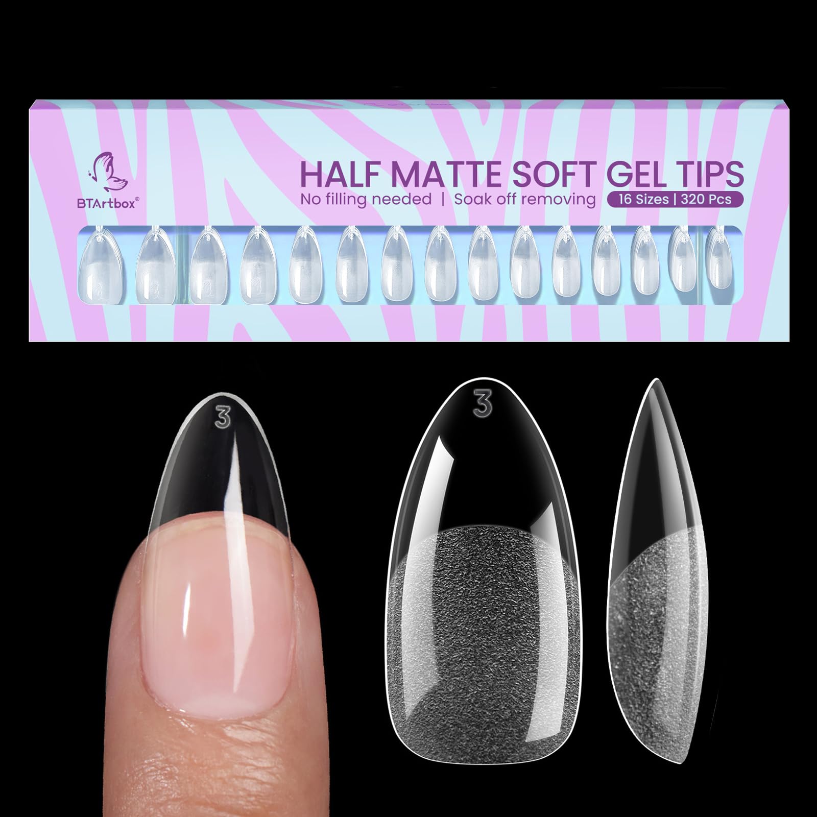 BTArtbox ongles amande 320 pièces, extensions naturelles avec ajustement précis.