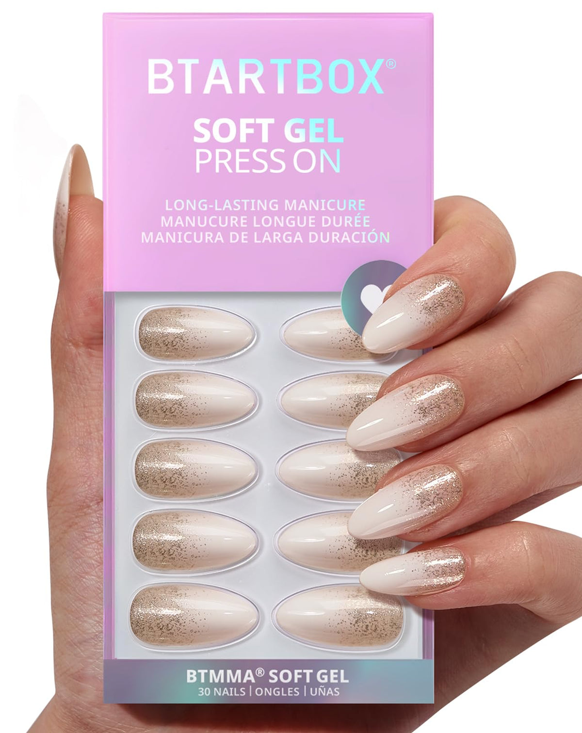 BTArtbox Ongles Amande Champagne Frost – kit complet prêt à poser rapidement
