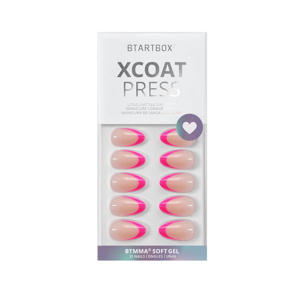 BTArtbox Ongles press-on Almond Berry French: pointe française et gel souple pour confort.