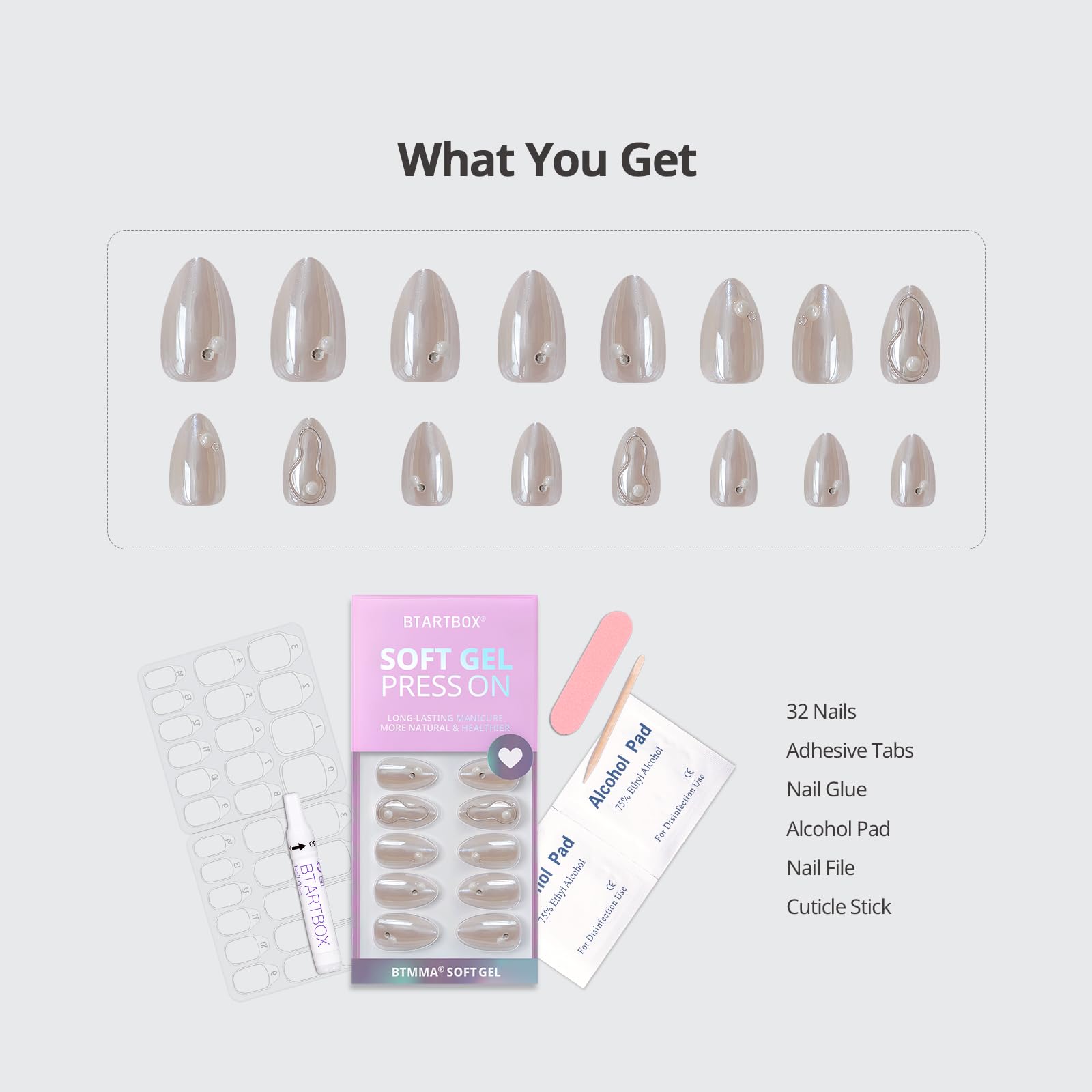 BTArtbox Press On Nails Short kit complet avec 32 ongles et accessoires.