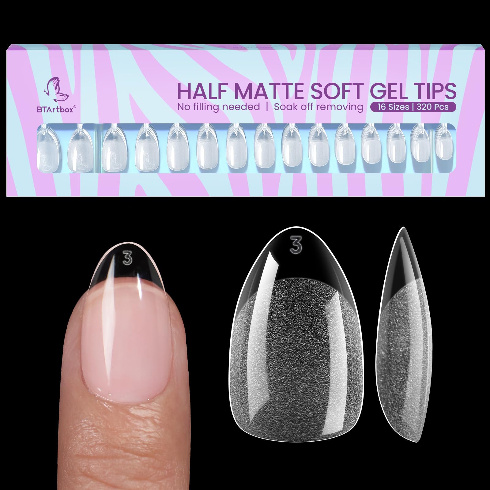BTArtbox Short Almond Nail Tips – boîte 320 pièces pour poses pratiques.