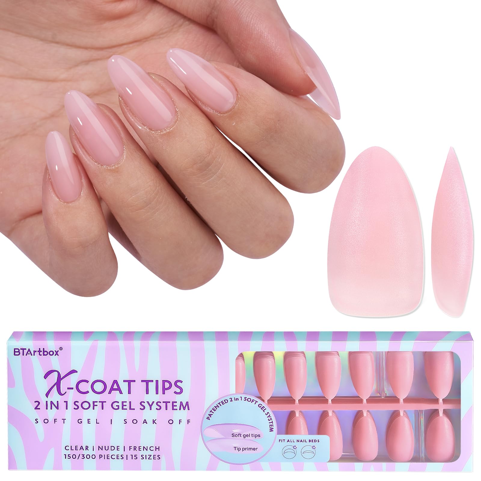 BTArtbox XCOATTIPS ensemble d'ongles matte rose prêt à poser pour un look naturel.