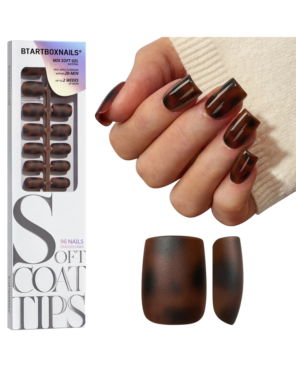 BTArtboxnails SoftCoatips: écailles de tortue, court carré, prêt pour une manucure rapide.