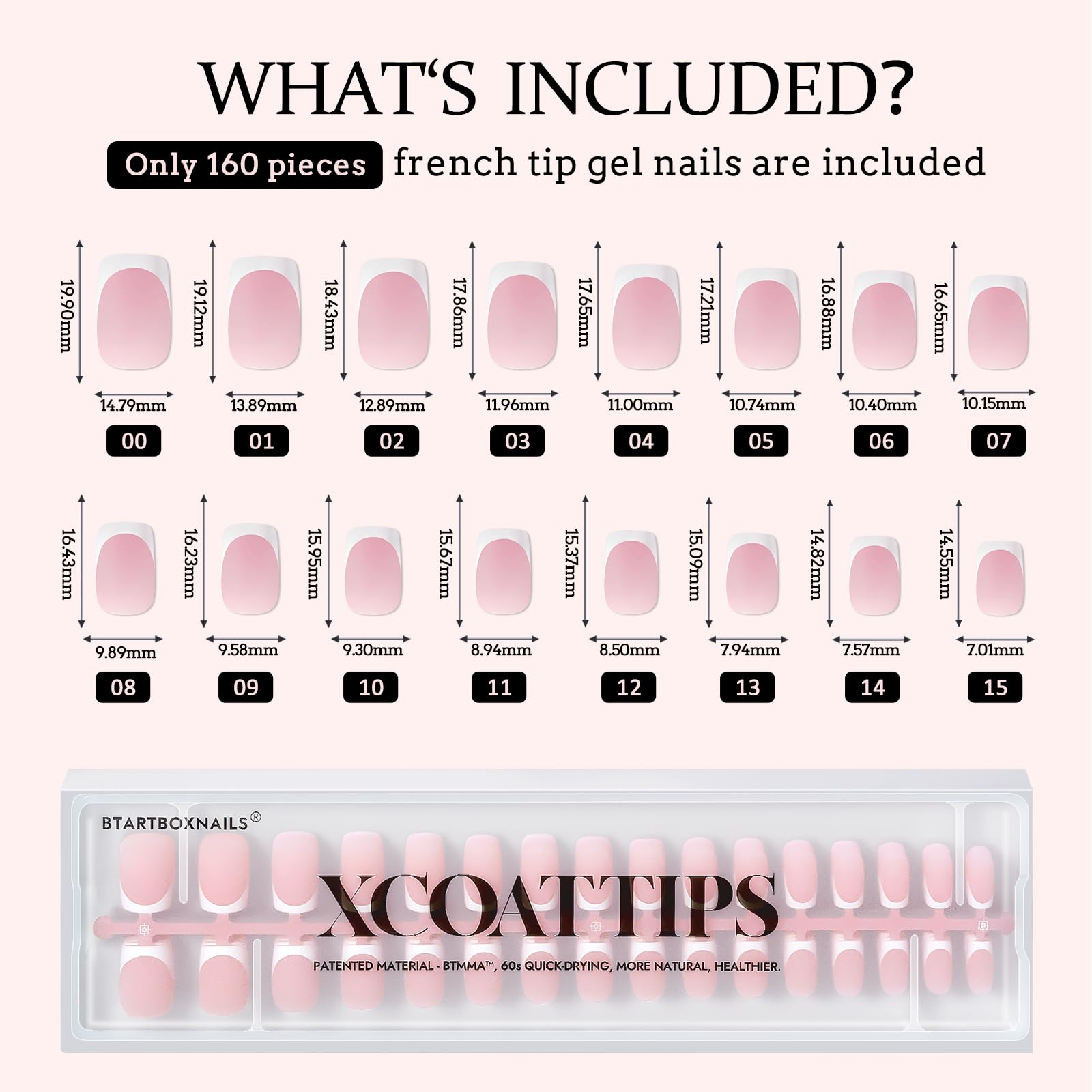 BTArtboxnails XCOATTIPS: 16 tailles disponibles pour un ajustement précis et confortable.