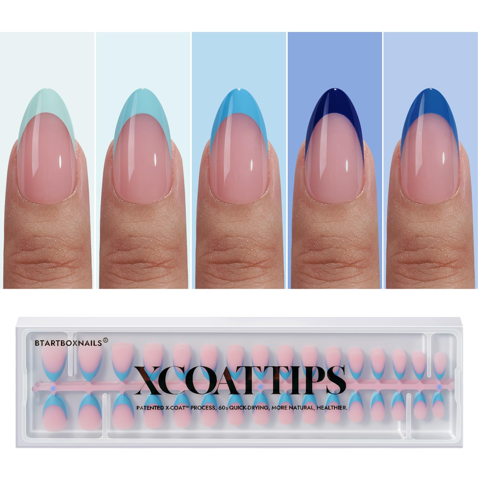 BTArtboxnails XCOATTIPS bleu - emballage soigné, prêt à l’emploi pour une manucure rapide.