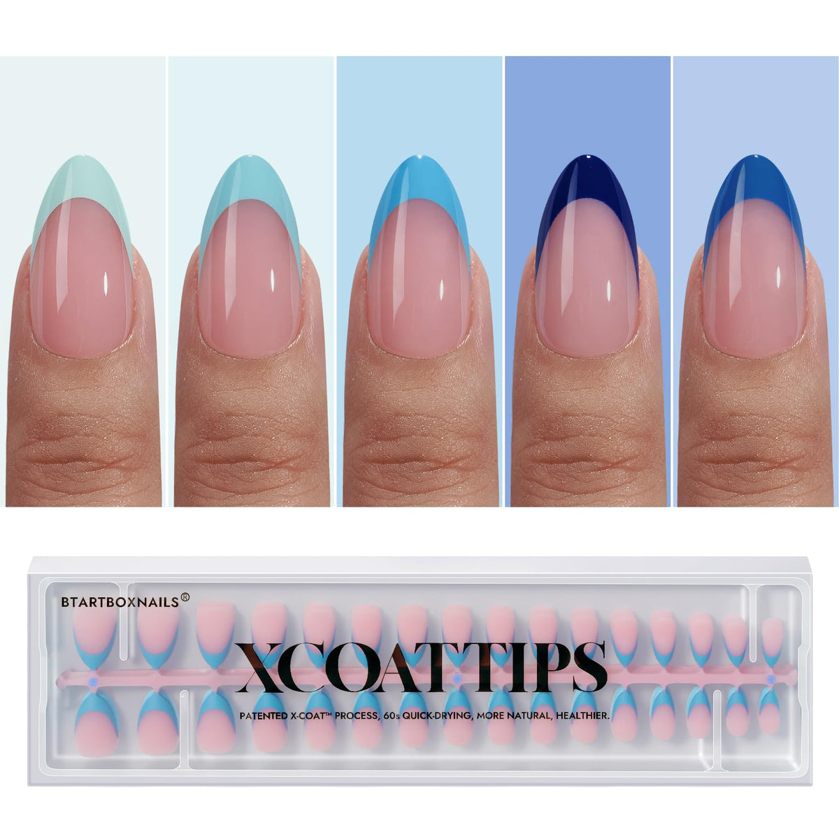 BTArtboxnails XCOATTIPS bleu - emballage soigné, prêt à l’emploi pour une manucure rapide.