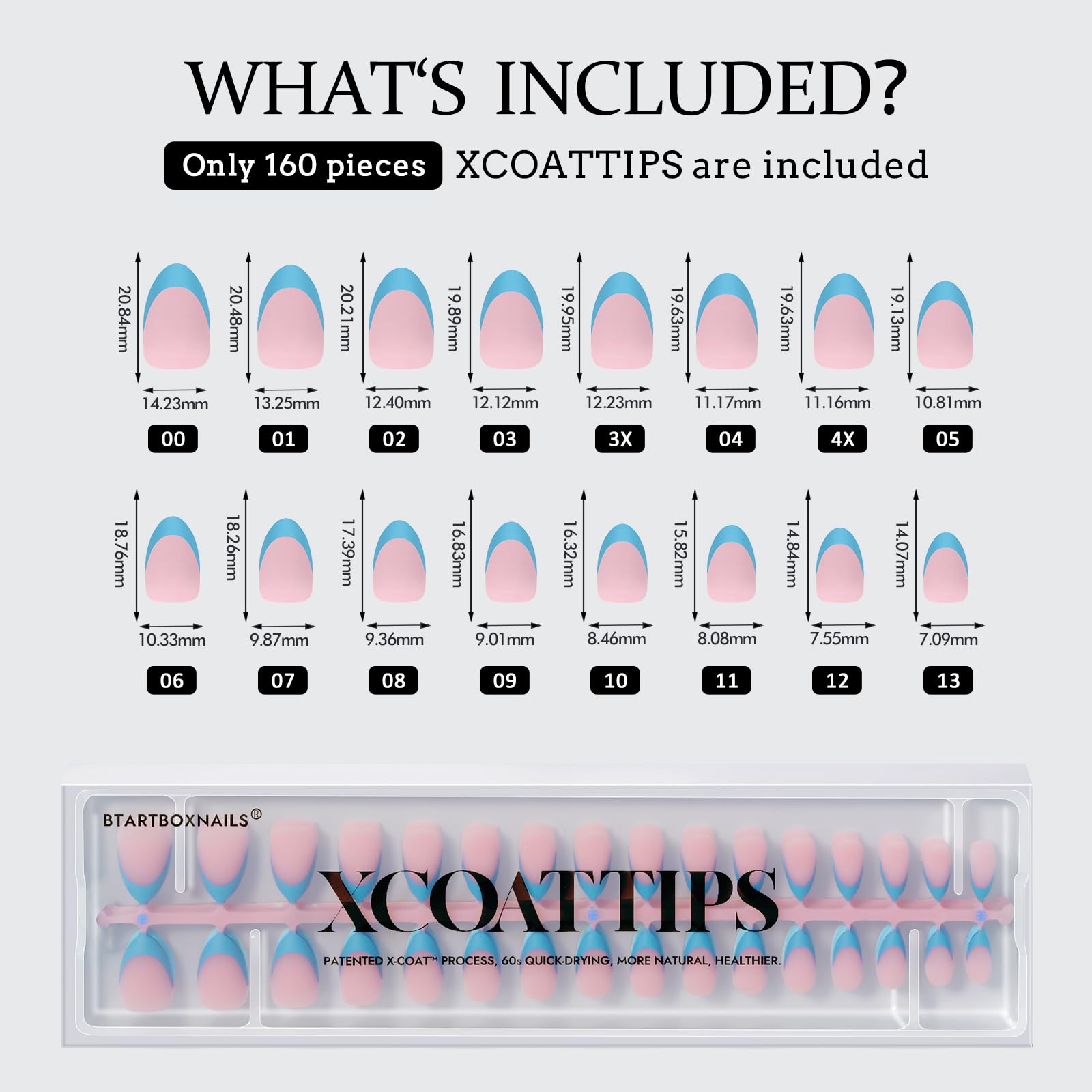 BTArtboxnails XCOATTIPS bleu - rendu naturel et ajustement parfait sur les ongles.