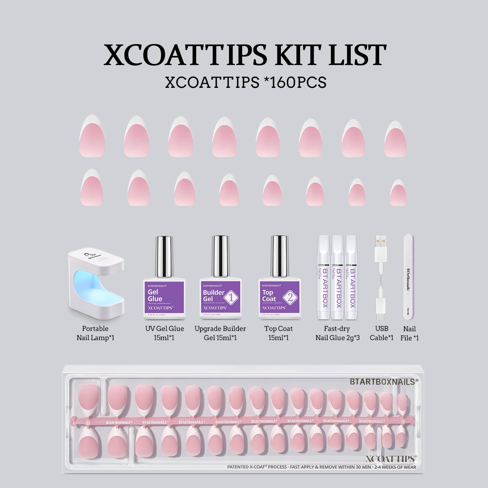 BTArtboxnails XCOATTIPS – ongles amande courts pour une apparence naturelle.