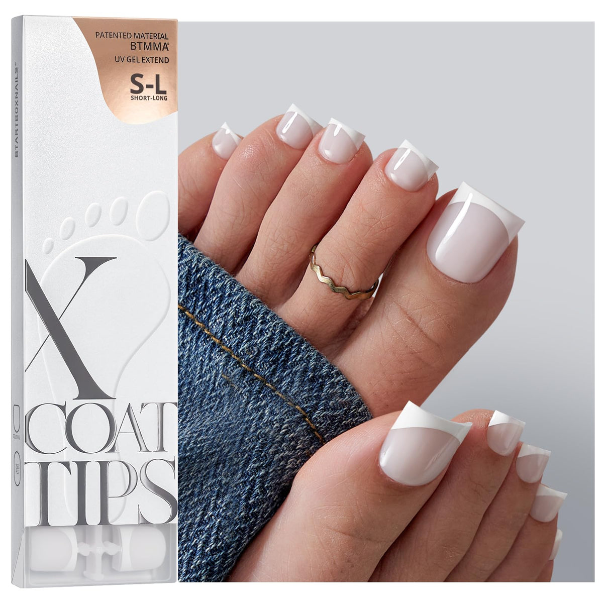 BTArtboxnails XCOATTIPS: ongles de pied carrés blancs, faciles à poser, aspect professionnel à domicile.