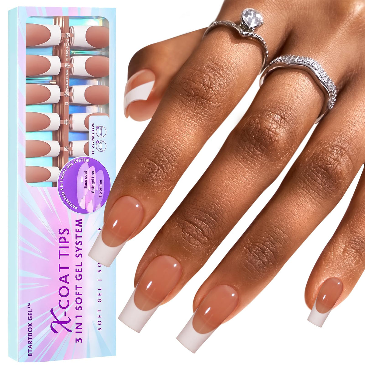 BTArtboxnails XCOATTIPS: ongles français long carré brun, look naturel et élégant.
