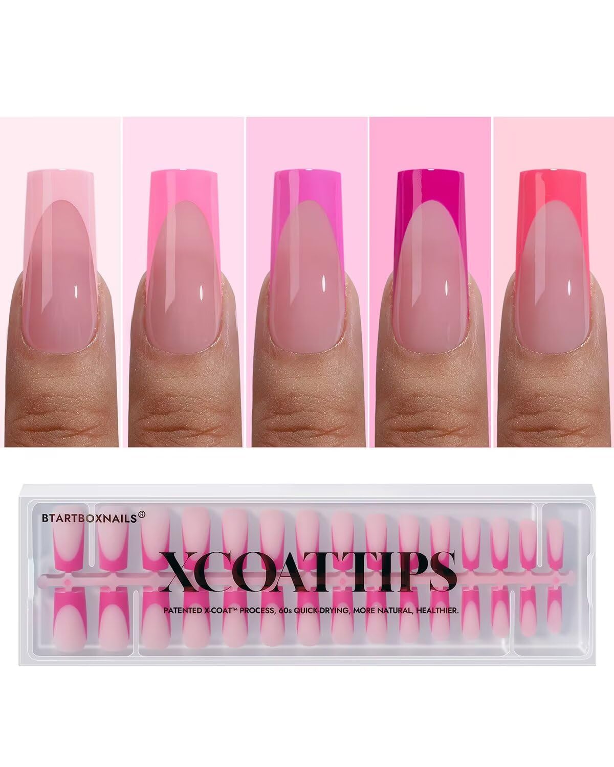 BTArtboxnails XCOATTIPS: ongles roses à pointe française carrés, manucure facile à domicile