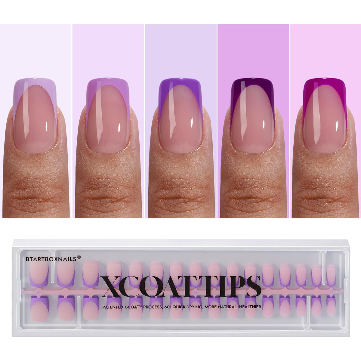 BTArtboxNails XCOATTIPS: pointe française violette courte carrée, allure élégante prête à porter