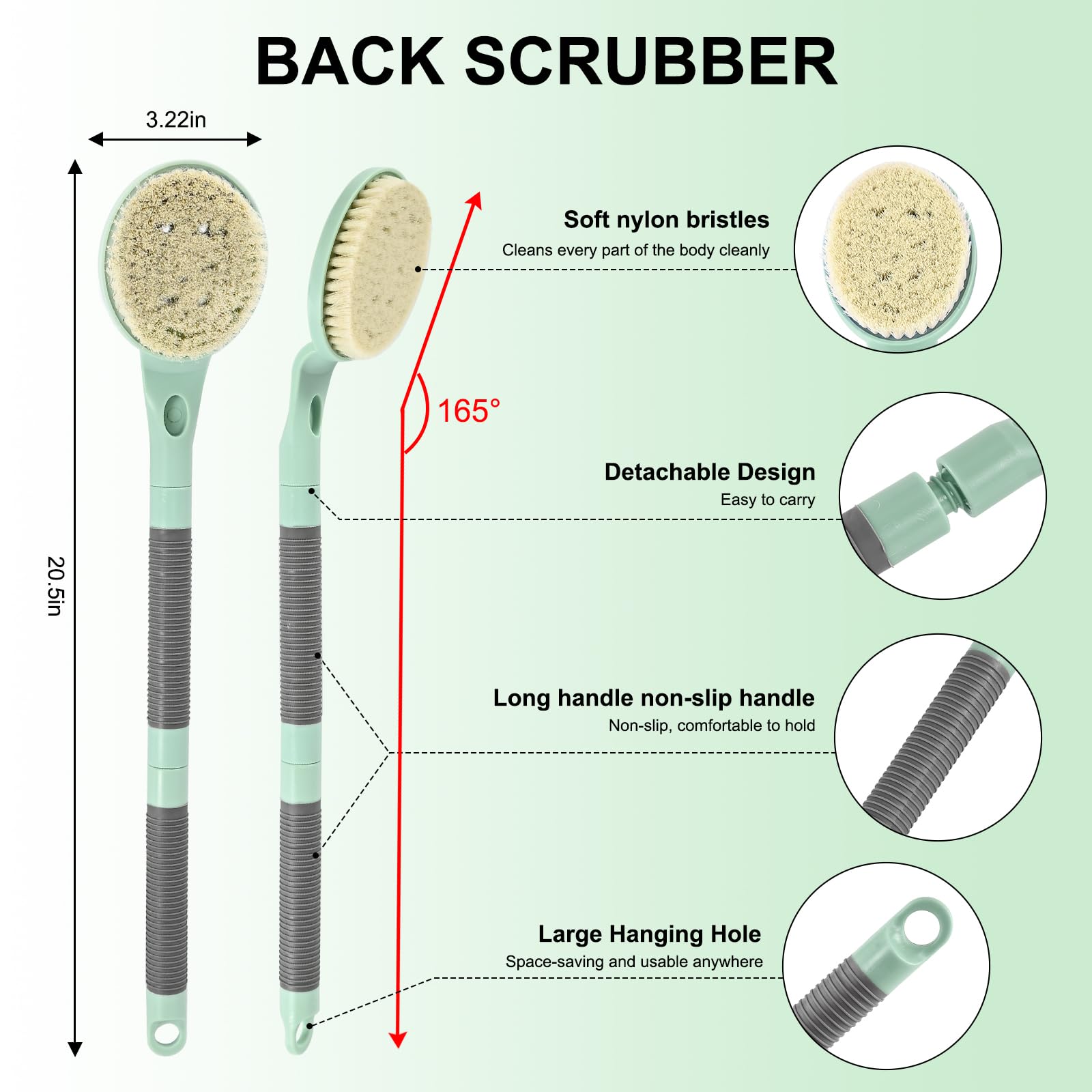 BTideas brosse-dos amovible en deux parties, rangement pratique et portabilité.