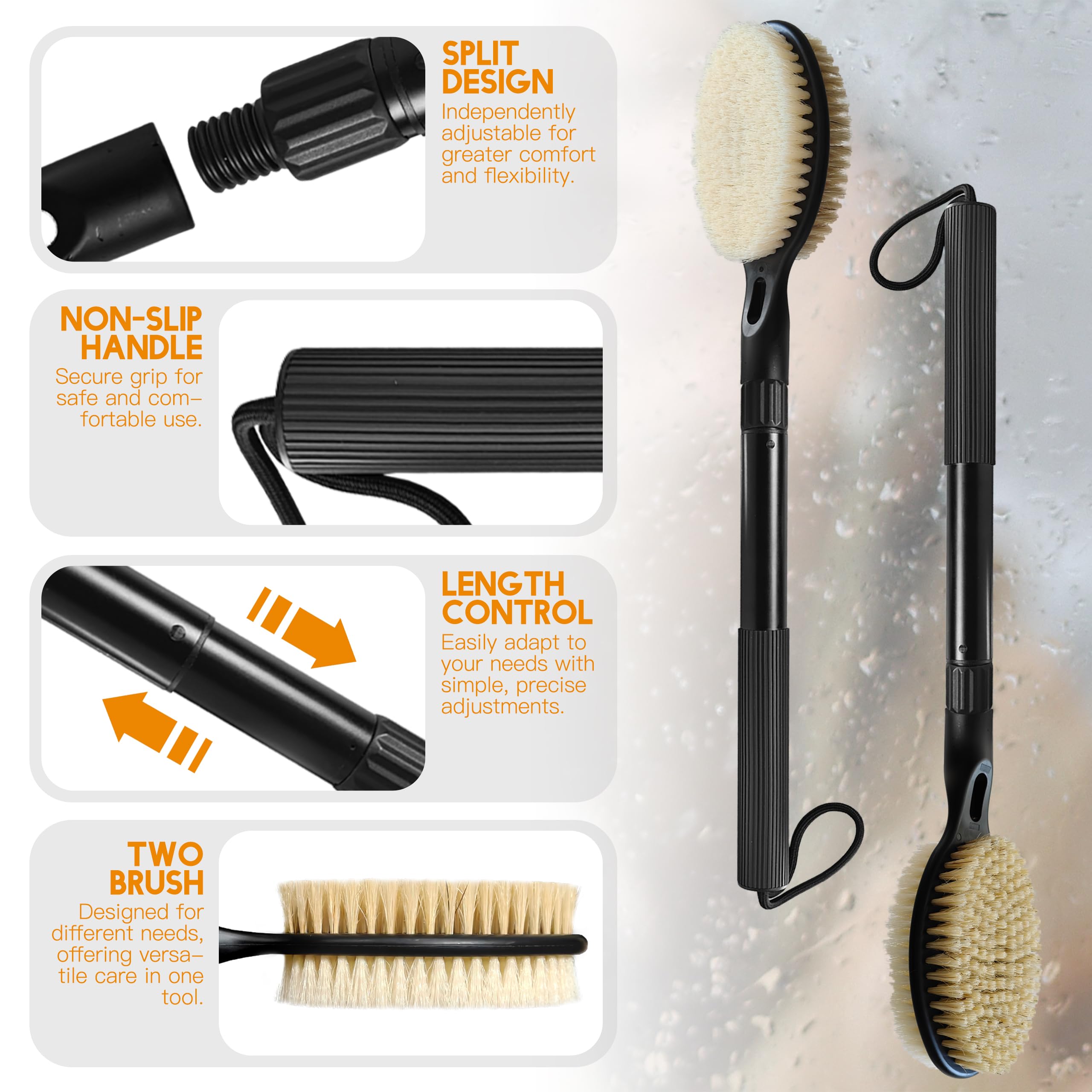 BTideas brosse douche dorsale avec système d'accroche pour sécher rapidement.