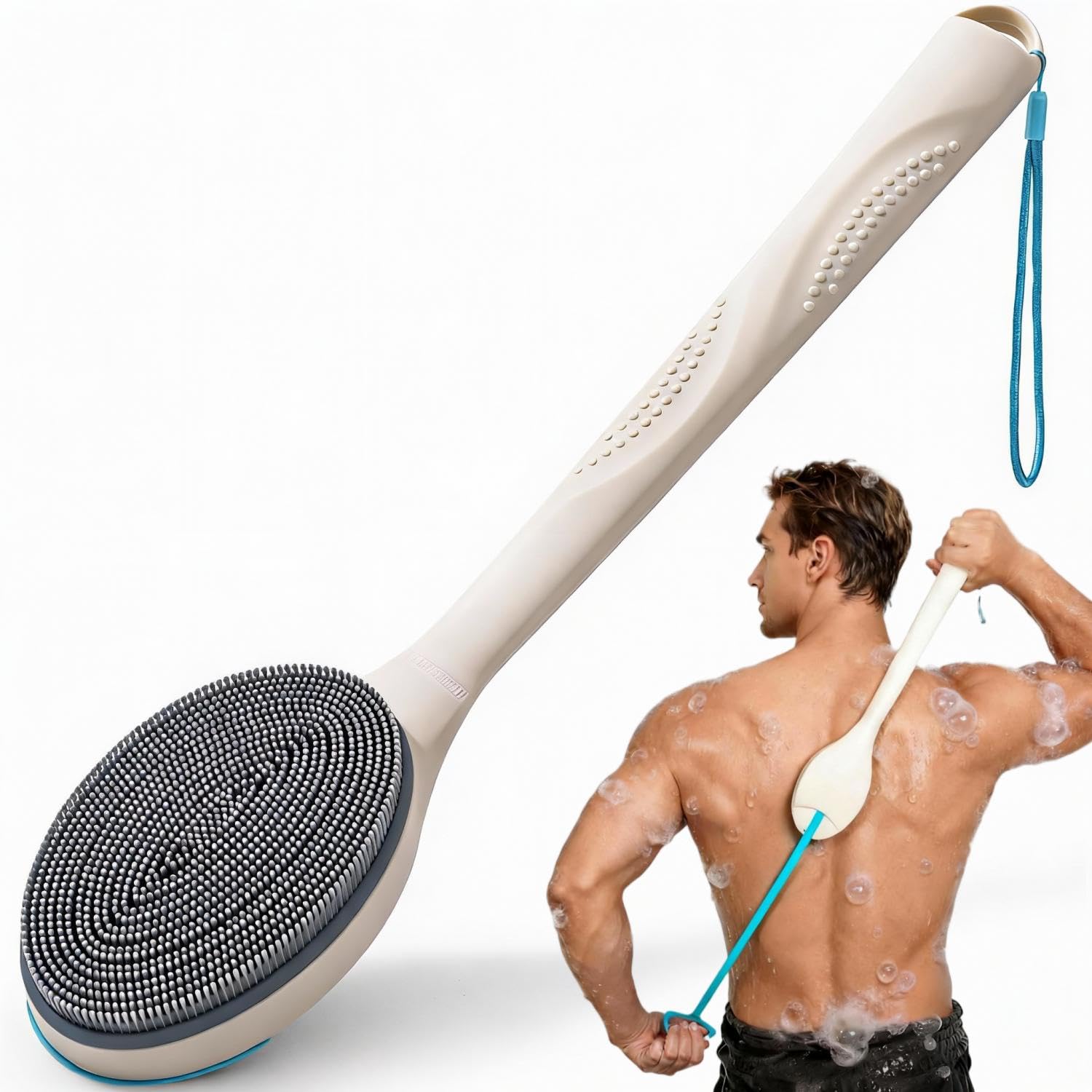 BUBBLEDANCE brosse-dos silicone-poignee-telescopique facilite l'accès au dos.