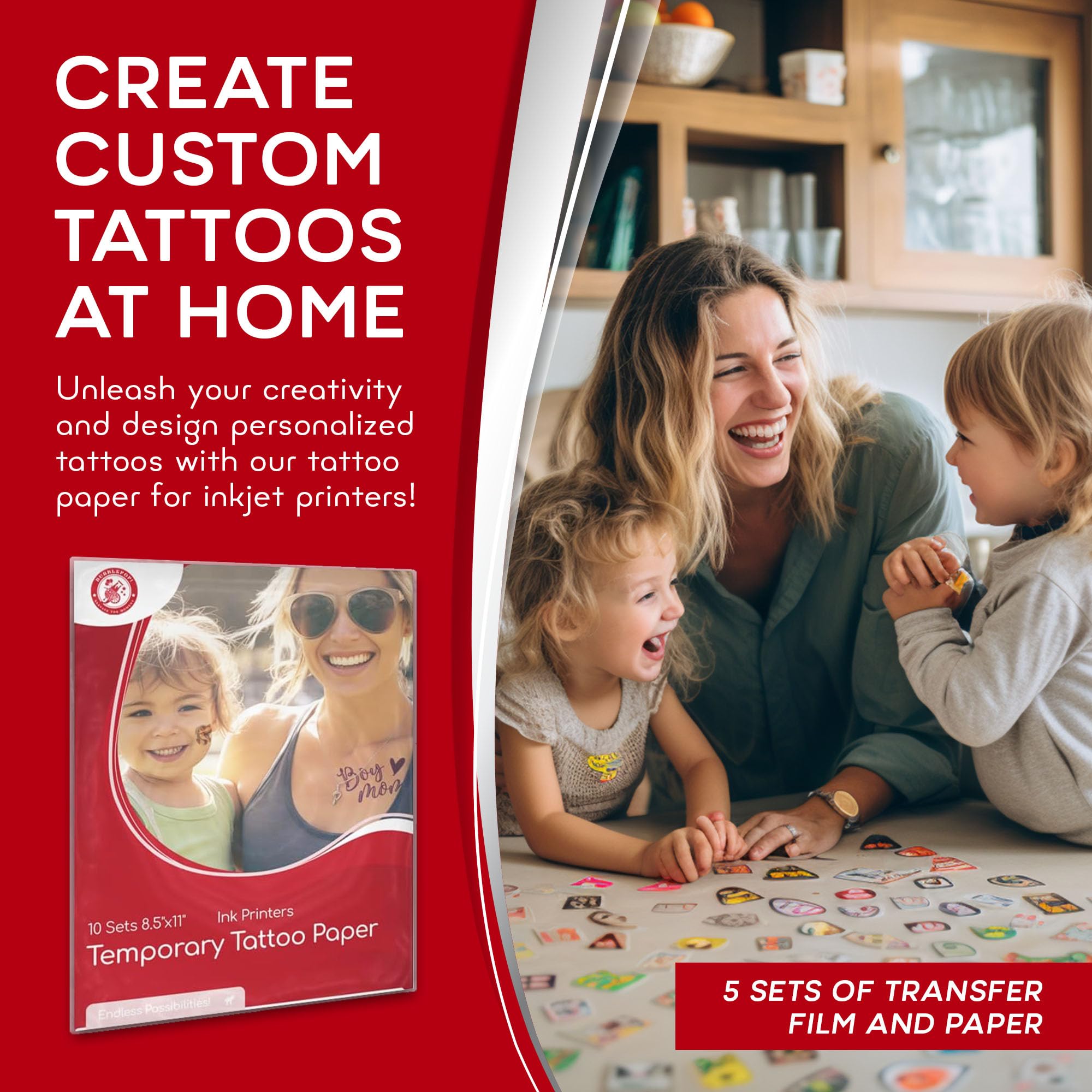 BubblePop skin-safe tattoo paper pack designed for comfortable skin applications.