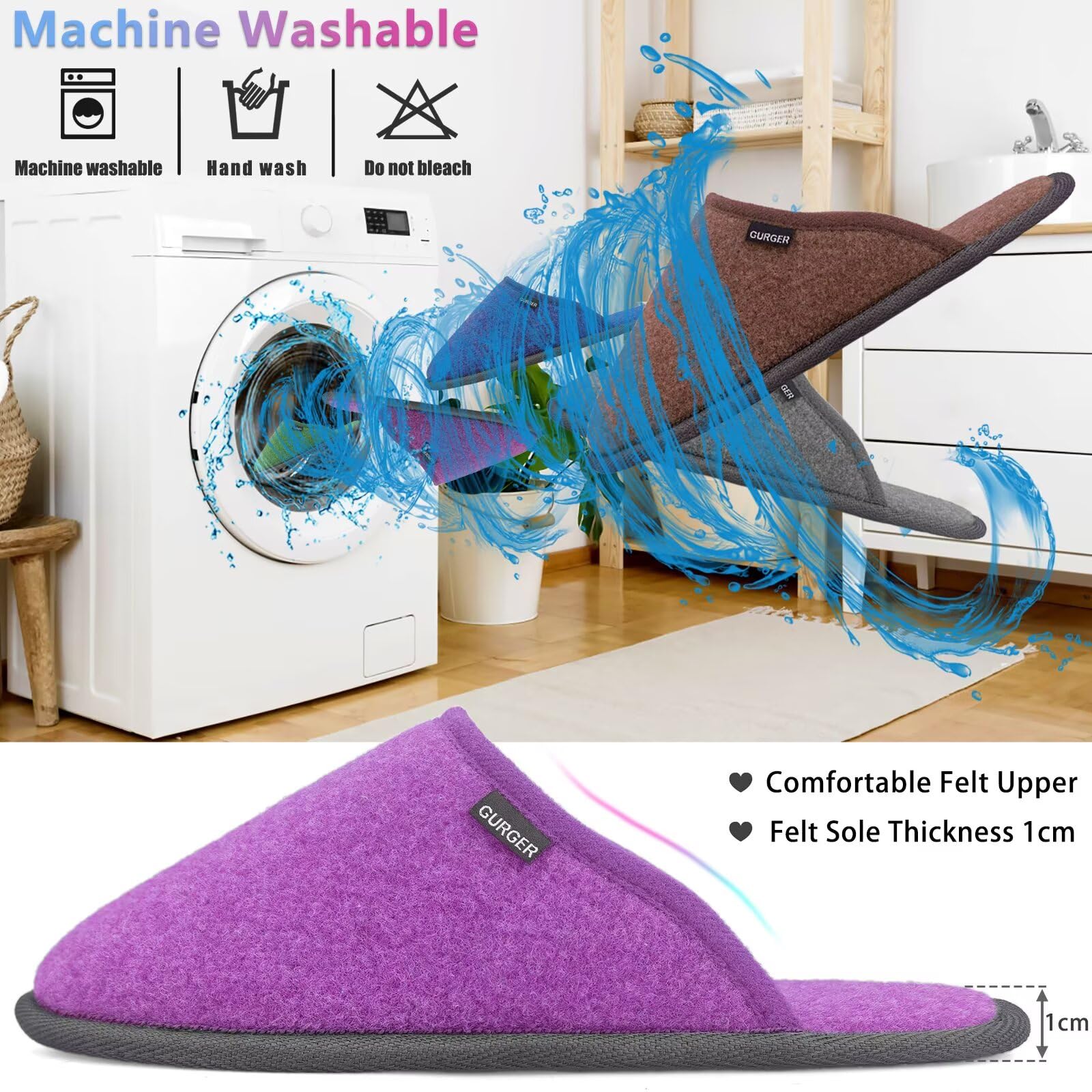 Chaussons BUGUKI faciles à laver en machine pour l'entretien.
