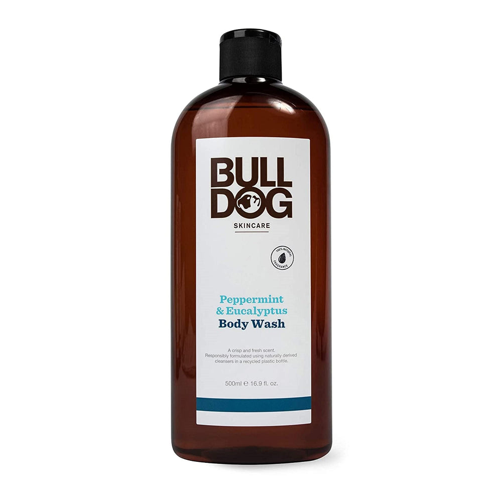 Bulldog gel douche corps: bouteille ambrée et fraîcheur menthe-eucalyptus.