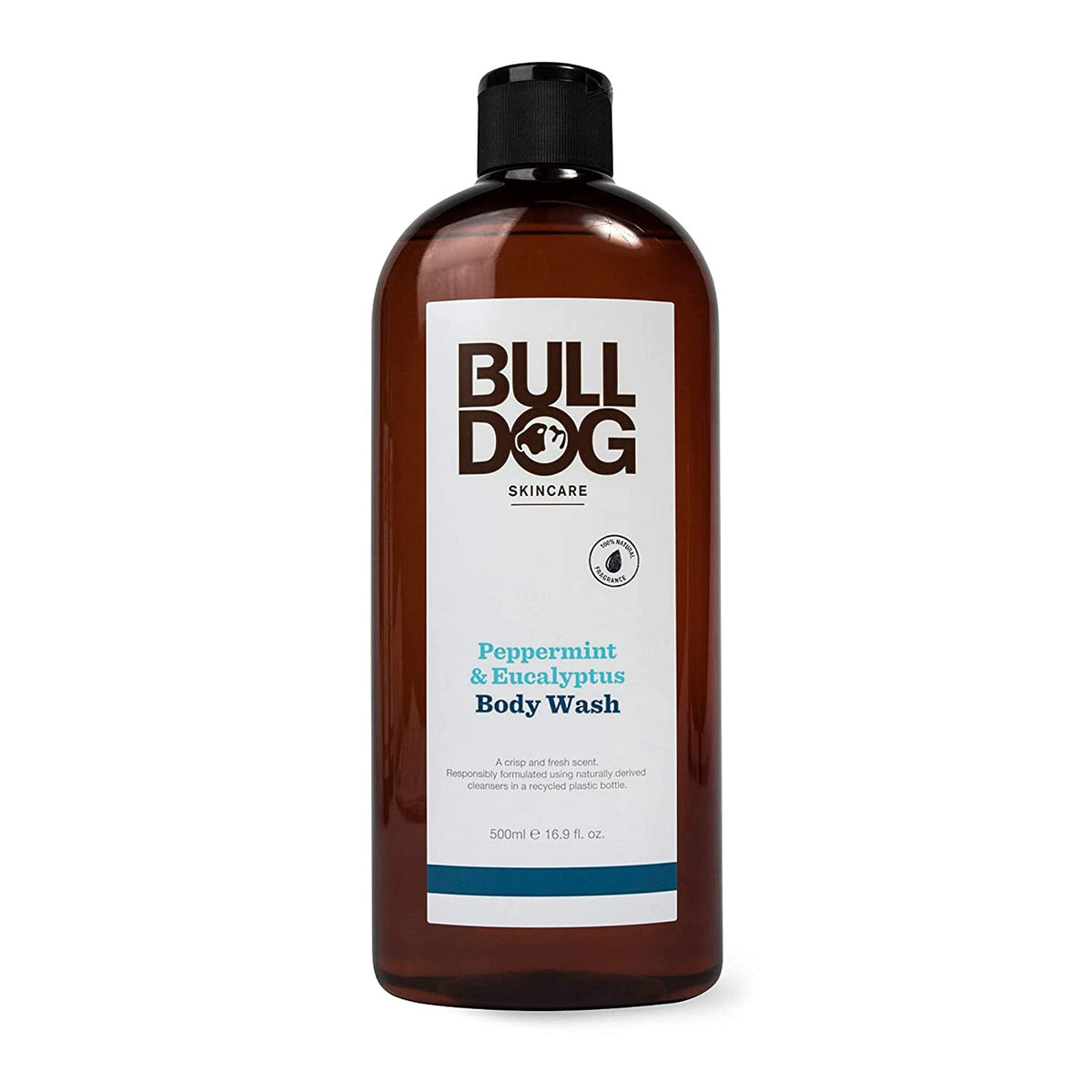 Bulldog gel douche corps: bouteille ambrée et fraîcheur menthe-eucalyptus.