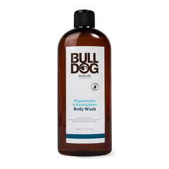 Bulldog gel douche corps: bouteille ambrée et fraîcheur menthe-eucalyptus.