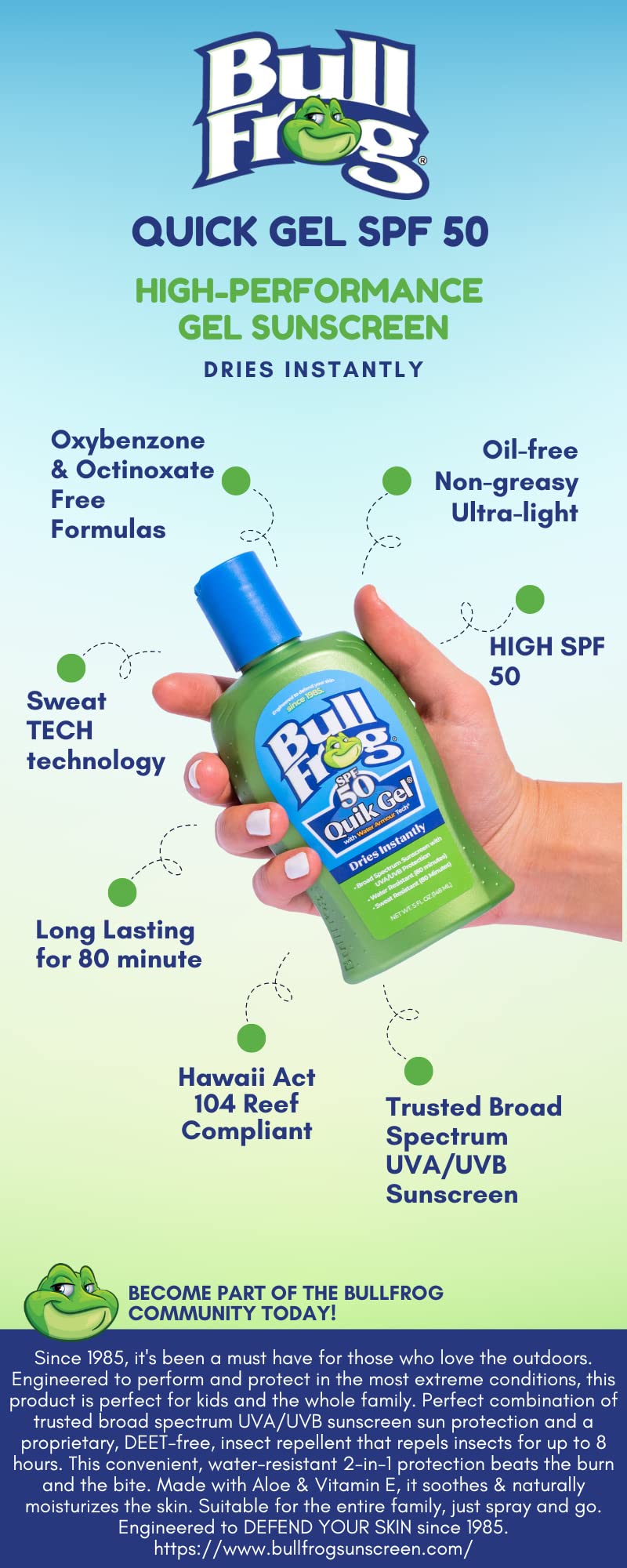 Bullfrog Quik Gel antioxydants et extraits végétaux – soin apaisant après soleil.