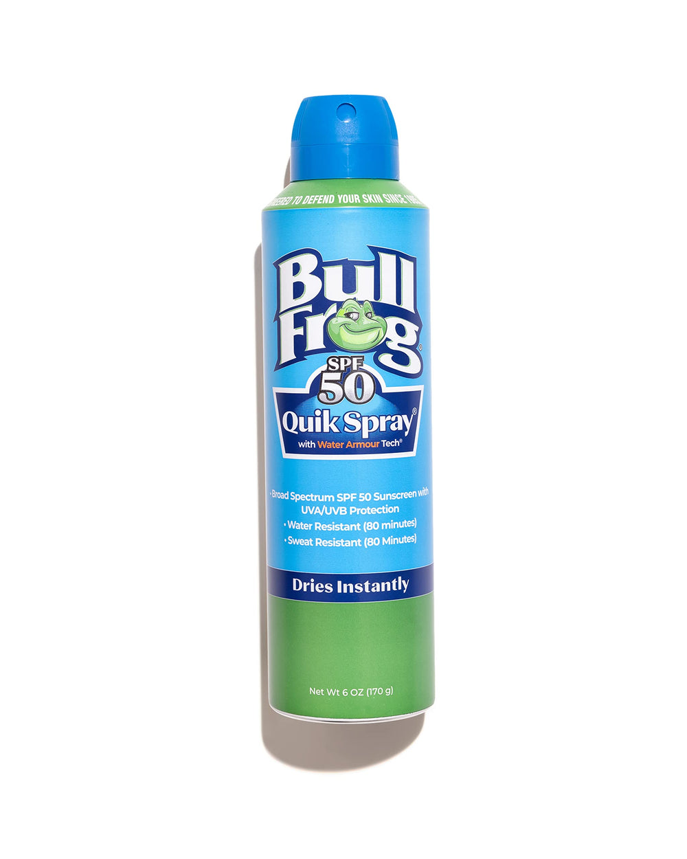 Bullfrog Quik Spray SPF50 sur bouteille, protection solaire pratique.