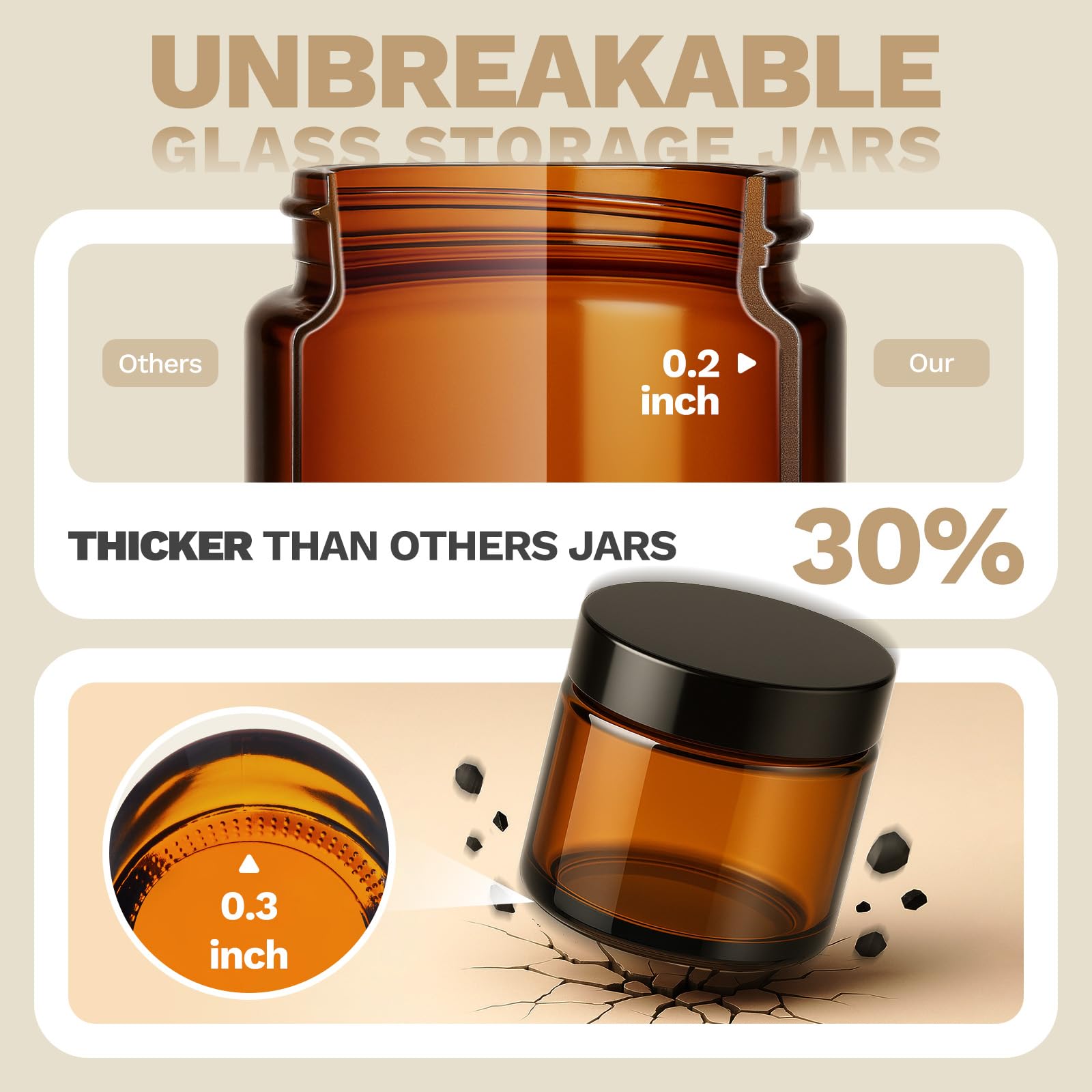 Couvercles Bumobum pour bocaux en verre ambré 60 ml, fermeture fiable.