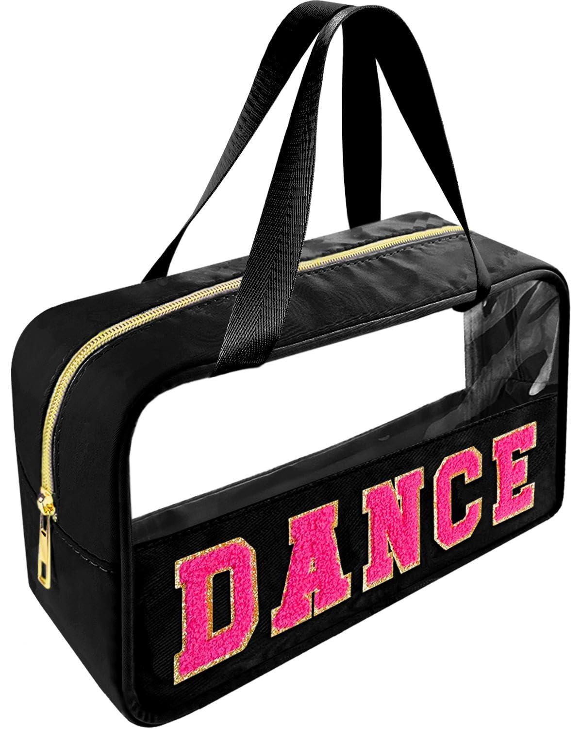 Bunliuys sac maquillage transparent danse noir avec patch chenille dore pour un style preppy.