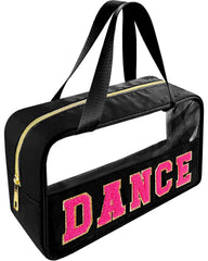 Bunliuys sac maquillage transparent danse noir avec patch chenille dore pour un style preppy.