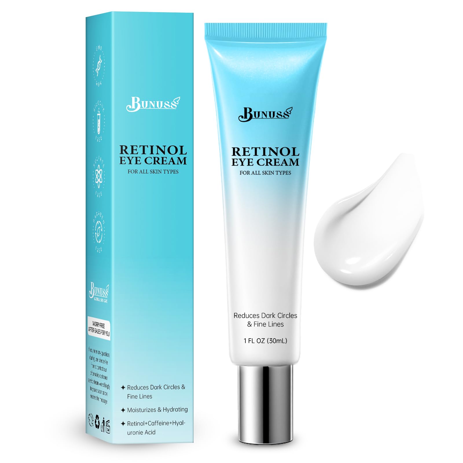 Bunuss crème contour des yeux retinol, flacon élégant pour réduire les cernes et raffermir le regard.