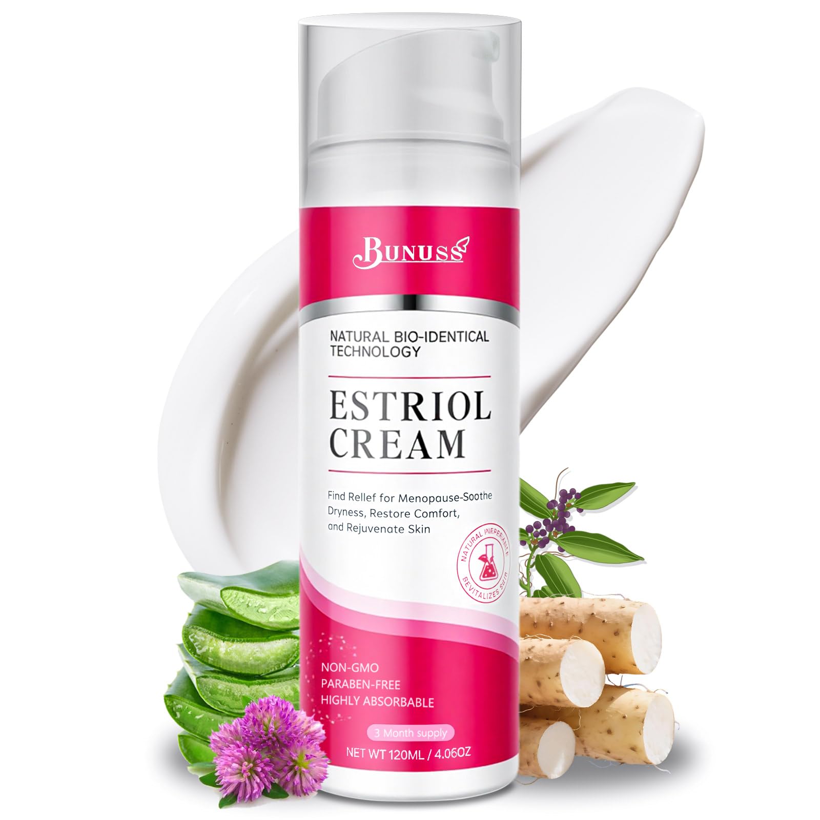 BUNUSS Estriol face cream bottle close-up showing hydration potential