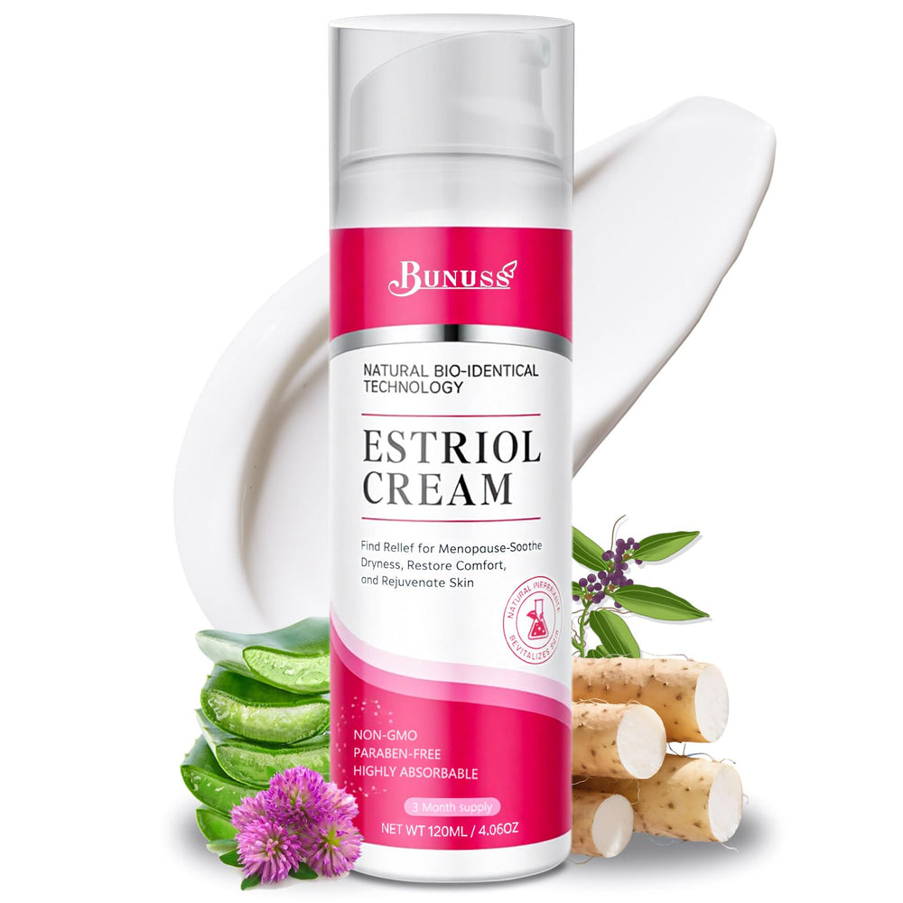 BUNUSS Estriol face cream bottle close-up showing hydration potential
