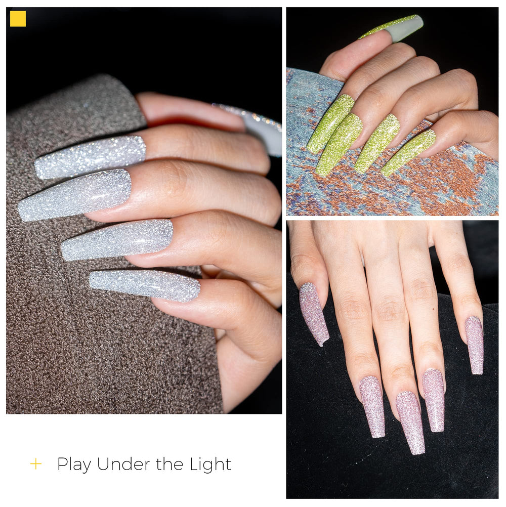 Gel holographique argenté BURANO pour ongles festifs et lumineux.