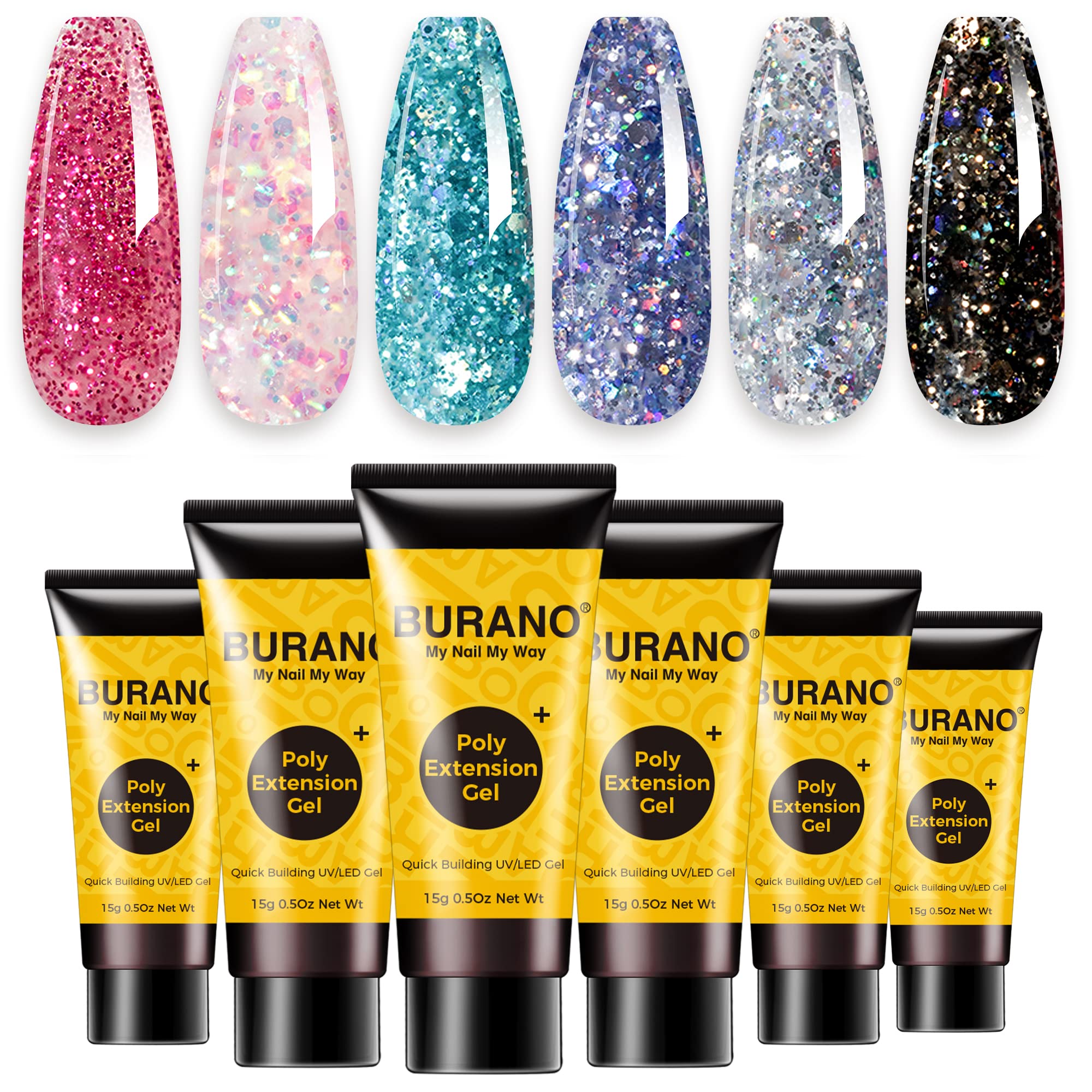 Kit BURANO gel poly extension, six couleurs, pratique pour débutants.