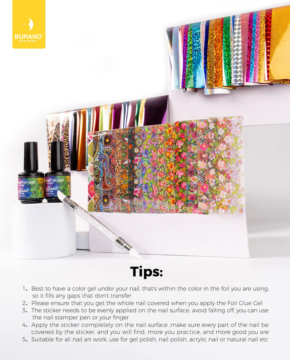 BURANO kit-ongles-art-foil : ensemble prêt à l’emploi pour débutants.