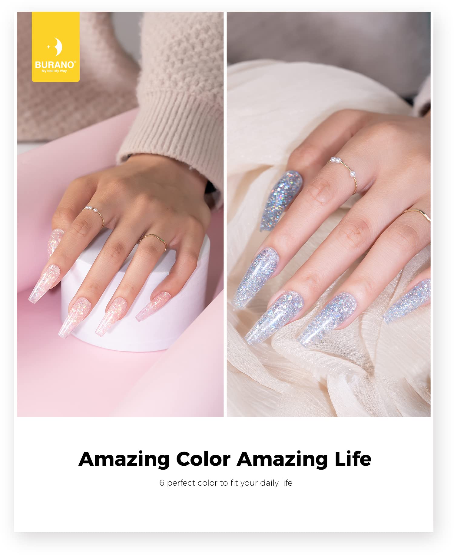 Six teintes scintillantes BURANO pour ongles poly.