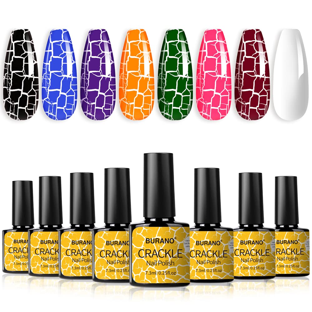 BURANO vernis gel craquelé ensemble 7 couleurs et blanc pour des motifs texturés uniques.