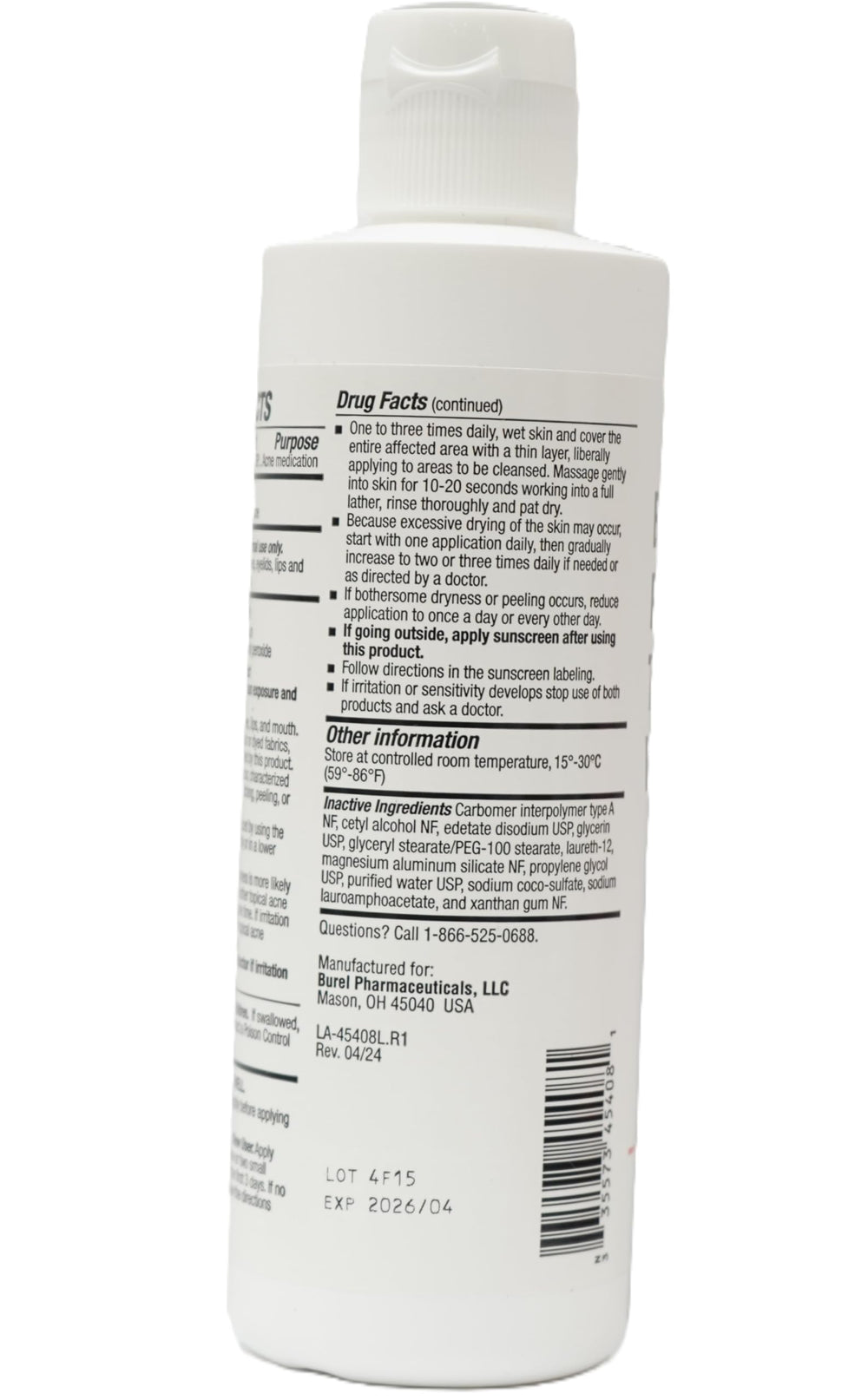 Burelpharma Benzoyl Peroxide Wash packaging label highlights 10% concentration