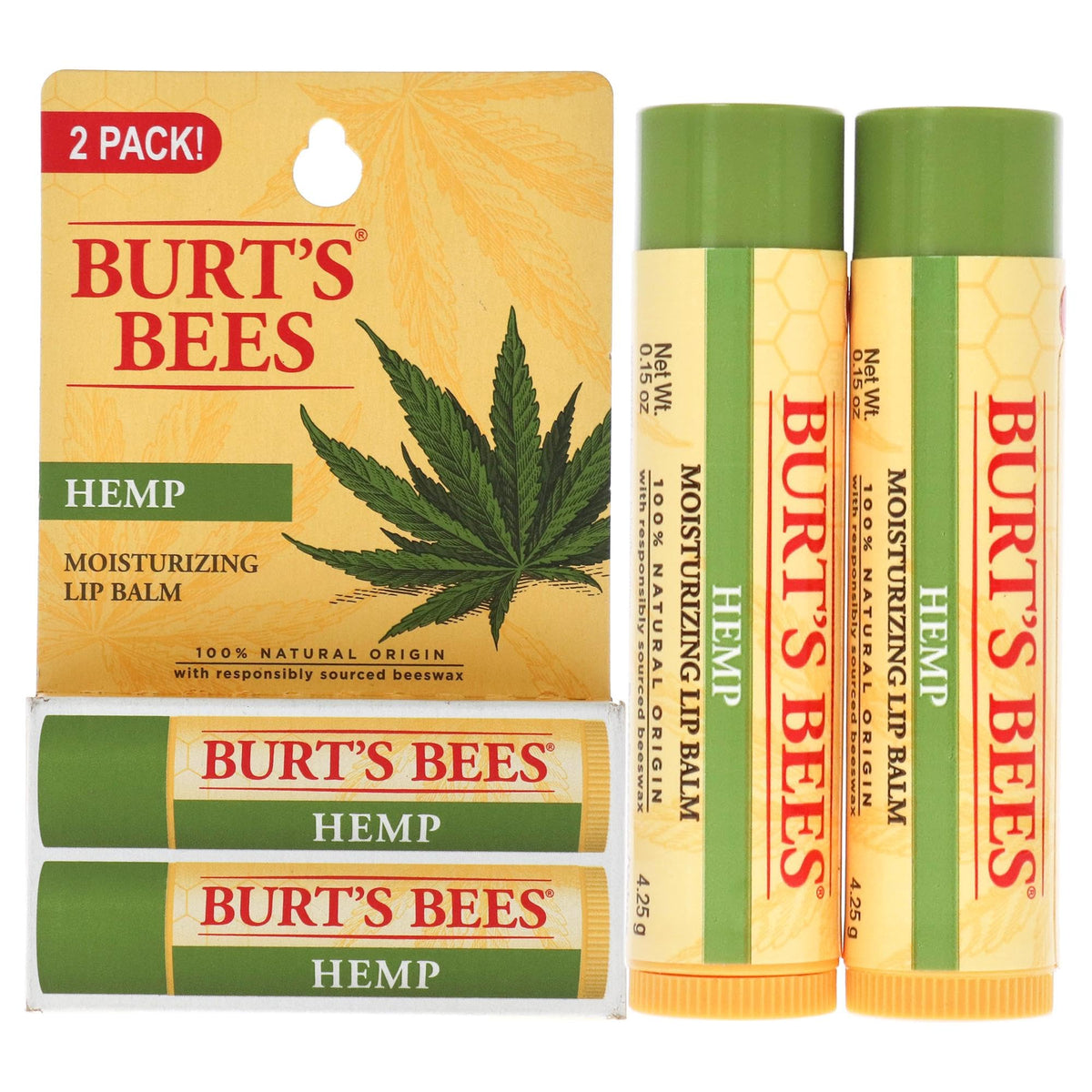 Burt's Bees Baume à lèvres chanvre, bouteille visible, hydratation durable pour lèvres sèches.