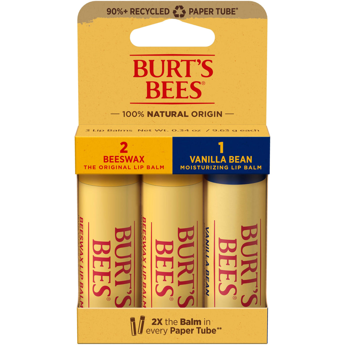 Baume Burt's Bees Original Beeswax en tube papier, hydratation des lèvres