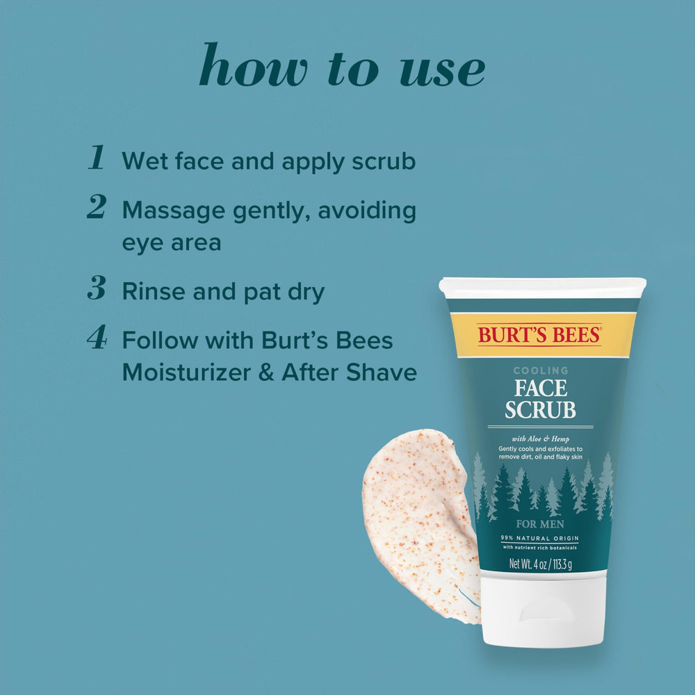 Aloe and hemp oil on Burt's Bees scrub packaging for nourishment.