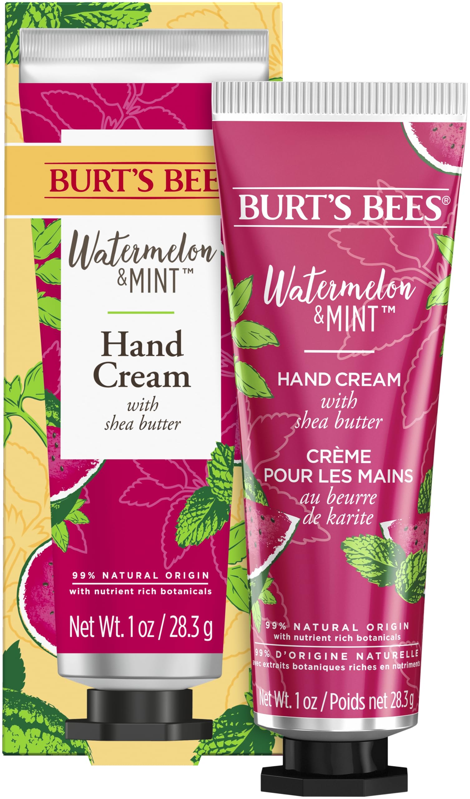 Crème pour les mains Burt's Bees Melon Menthe, bouteille hydratante et parfum frais.