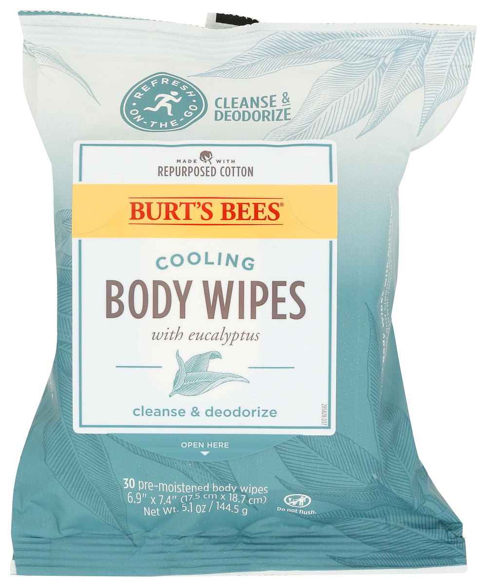 Burts Bees Cooling Body Wipes dans sa boîte 30 lingettes, pratique à emporter.