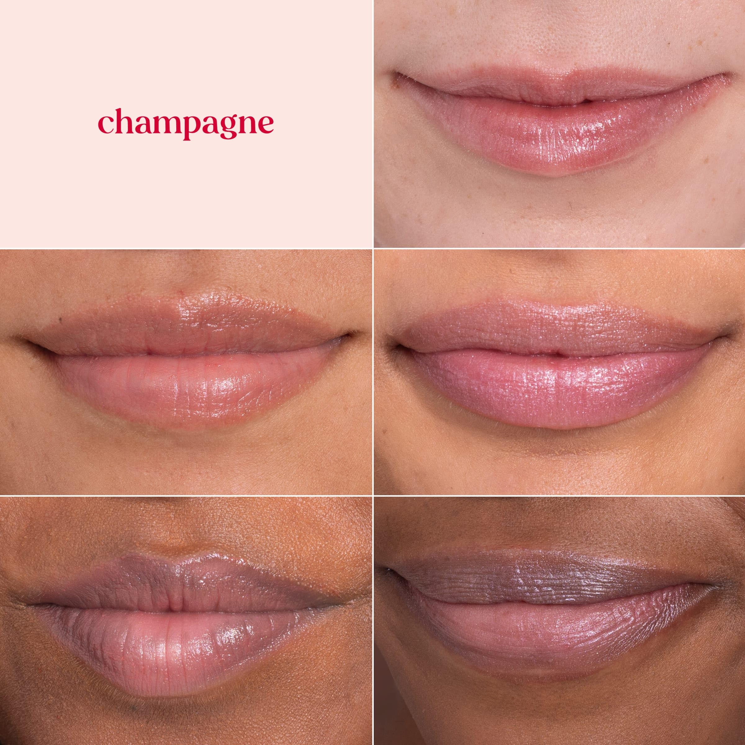Brillance rosée Lip Shimmer Champagne rehaussant la couleur naturelle.