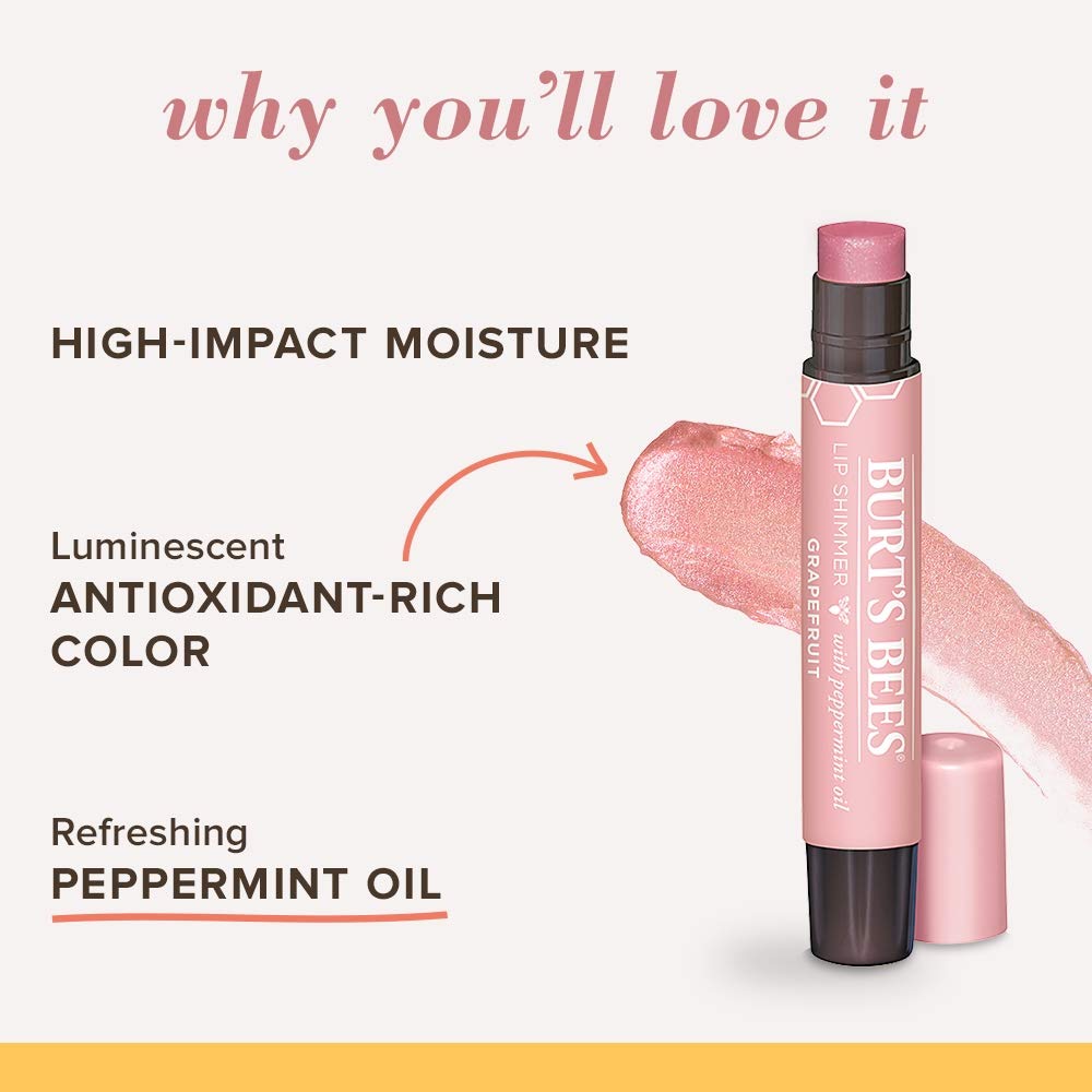 Burt's Bees Lip Shimmer teinte naturelle qui complète un maquillage léger.