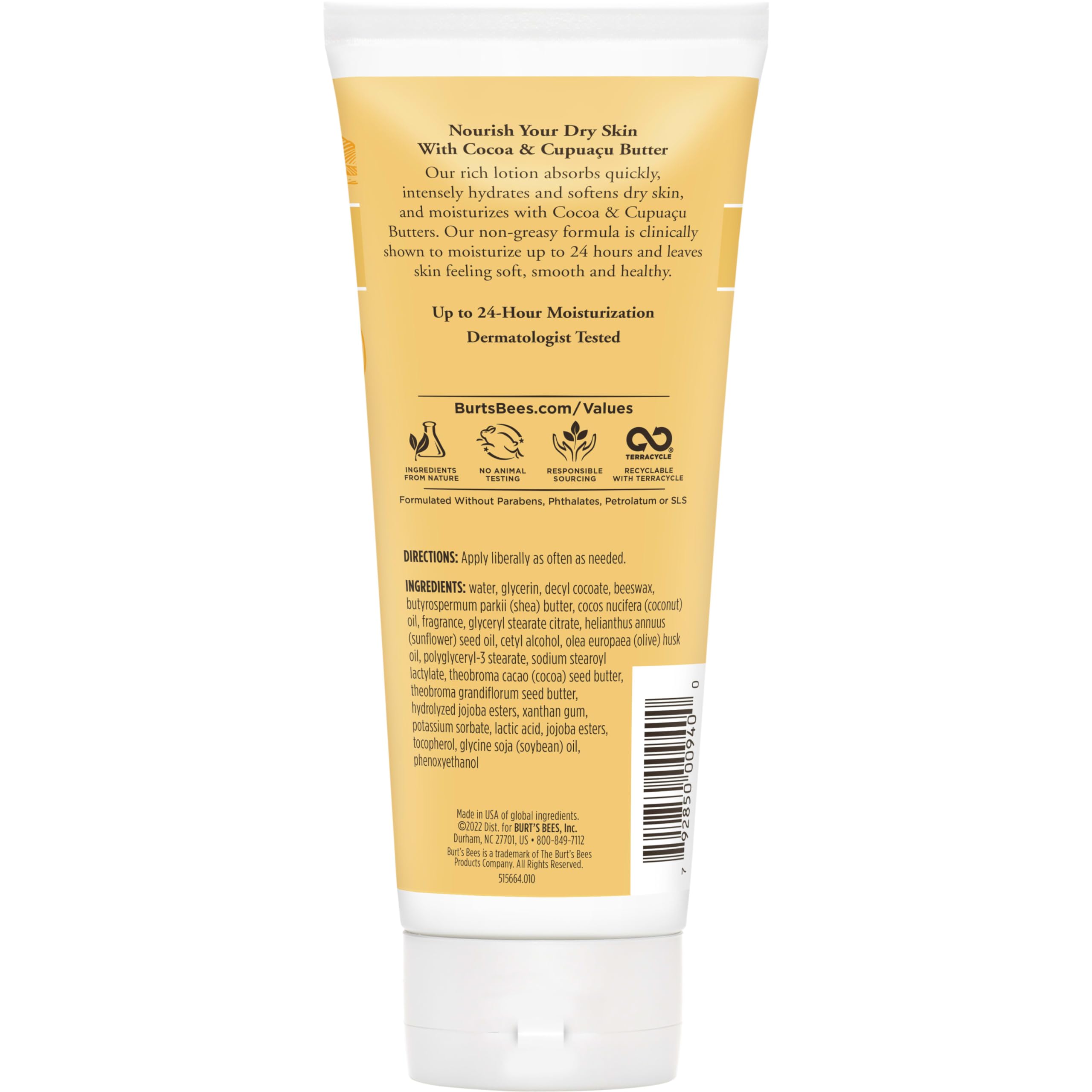 Lotion Burt's Bees application quotidienne — peau nourrie et douce au toucher.