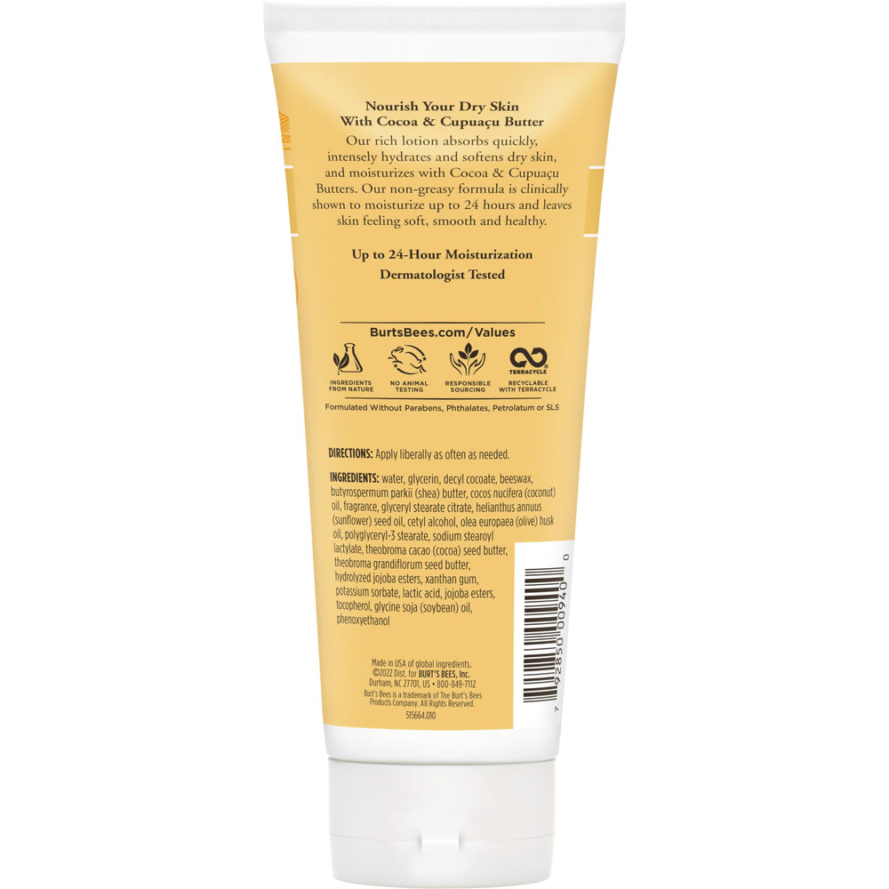 Lotion Burt's Bees application quotidienne — peau nourrie et douce au toucher.