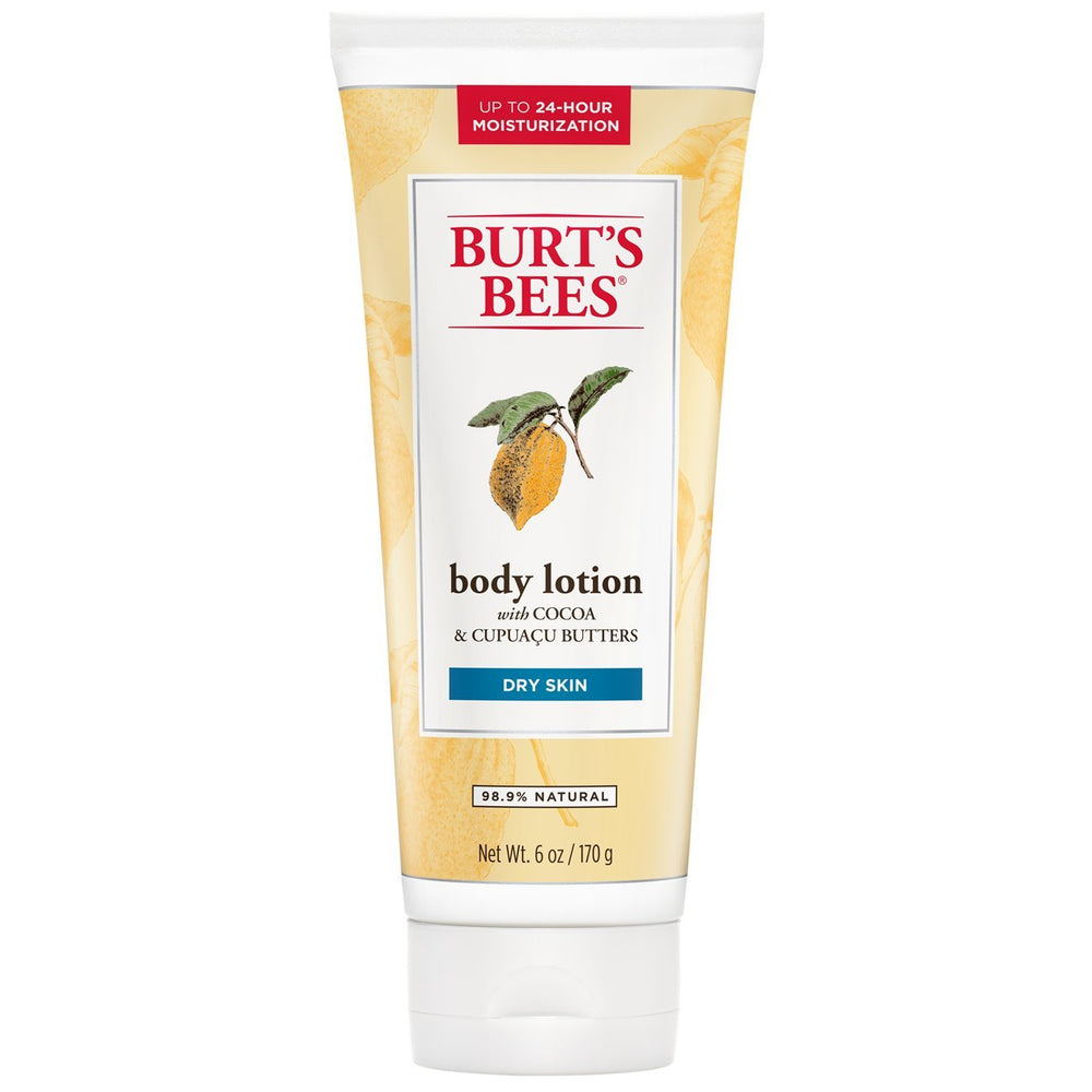 Lotion corporelle Burt's Bees au cacao et cupuaçu pour hydratation longue durée.