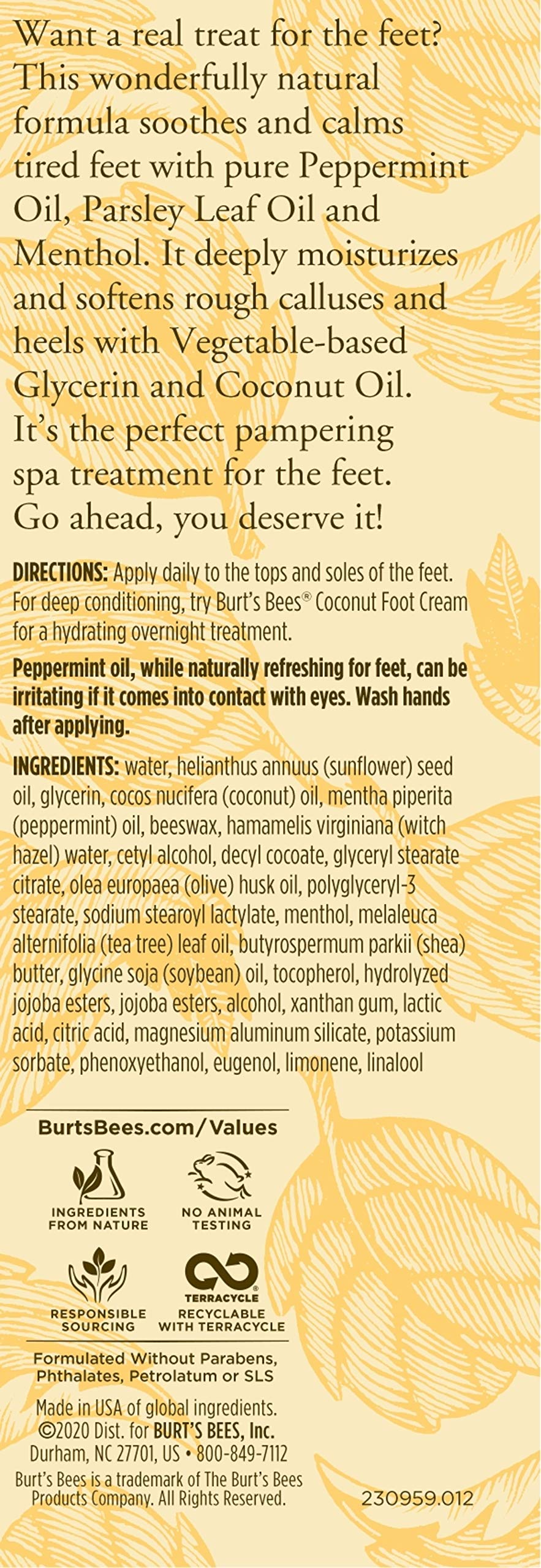 Lotion Burt's Bees pieds, usage quotidien, hydratation et sensation de fraîcheur.