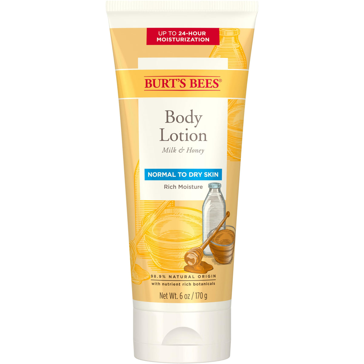 Lotion Burt's Bees Milk & Honey sur la bouteille, hydratation durable.
